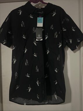 Lokai Black Short-Sleeve Button-Down Shirt with White Print